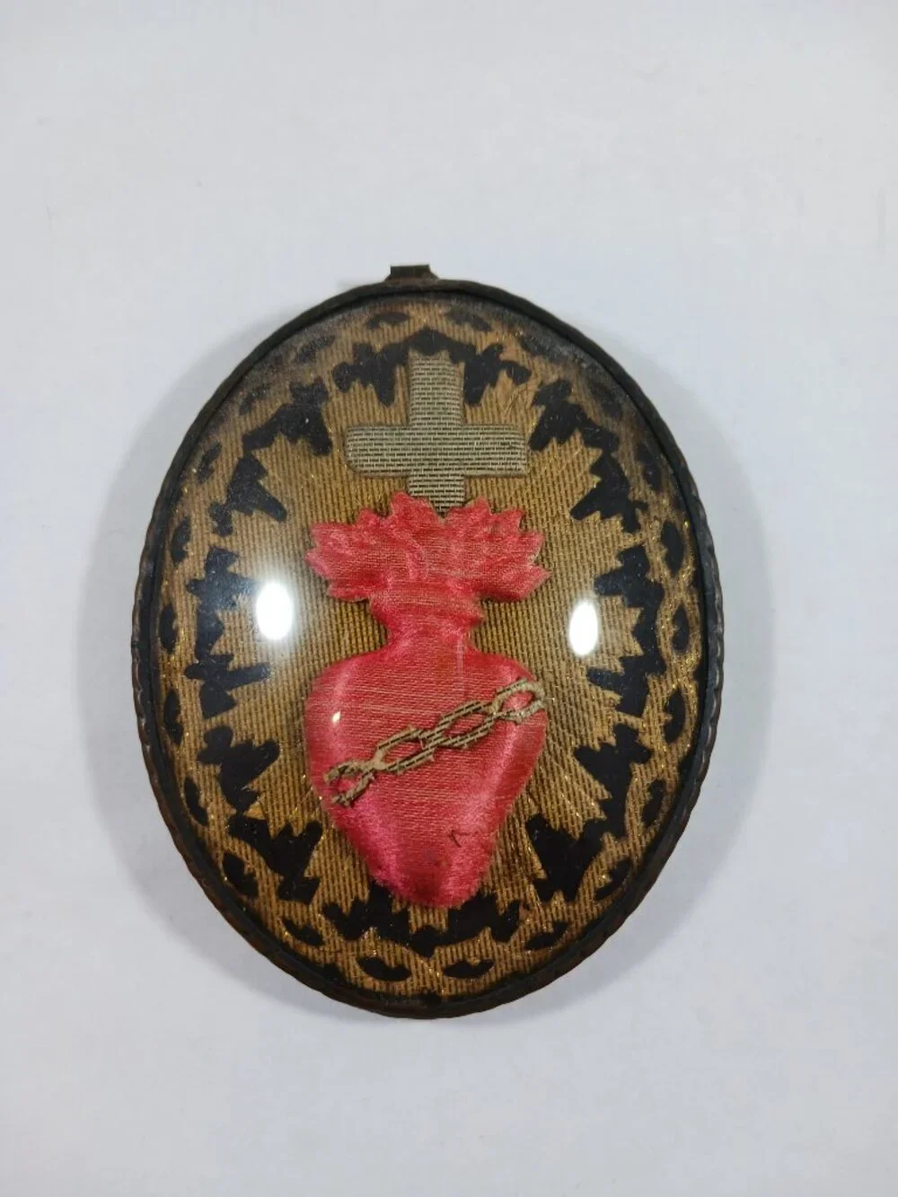 Antique 19th Century French Sacred Heart Jesus Embroidered Reliquary Devotional
